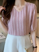 short sleeve blouse for women v neck shirt korean fashion woman clothes chiffon blouses 2022 summer ladies tops chemisier femme