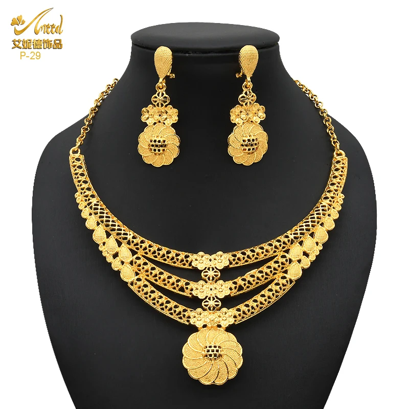 

Indian Gold Plated Jewelry Set For Women African Bridal 24K Gold Color Necklace Earrings Set Dubai Nigerian Wedding Wholesale