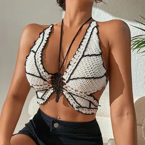 Women Bikini Tops Contrast Color Sleeveless Bandage Backless Knit Crochet Butterfly Swimsuits Tops Beachwear y2k