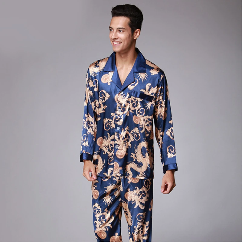 SAMWESTART Printed Wedding Mens Pajamas Satin Silk Nightgown Sleepwear Spring Autumn Male Full Sleeves Pants Pajama Set