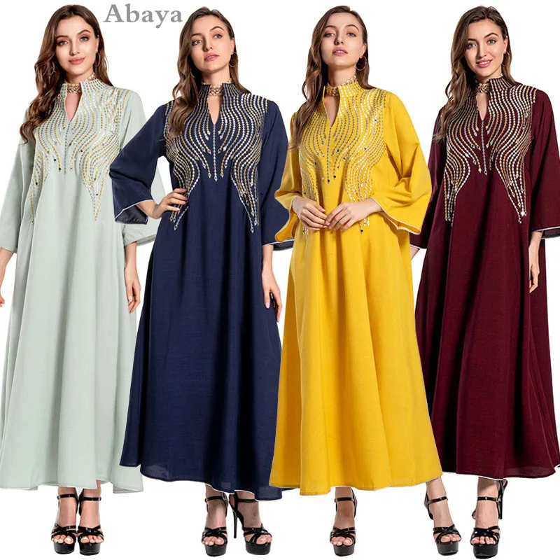 

Muslim Women's Islamic Clothing Middle East Dubai Robe Embroidered Evening Dress Abaya V Neck Long Sleeves Ramadan Party Gowns
