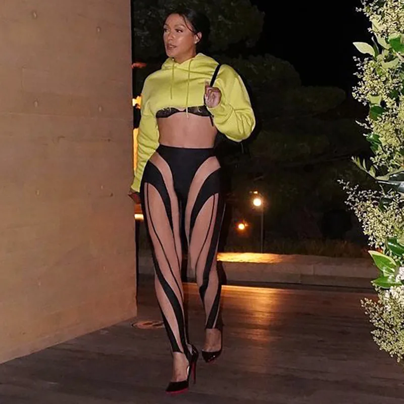 

Модные женские летние Новые облегающие брюки с высокой талией и принтом, повседневные штаны с лямками, нижние брюки, цветные контрастные сетчатые брюки для женщин