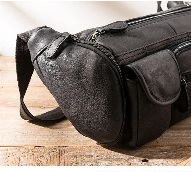 Retro fashion designer first layer cowhide men black chest bag summer light outdoor work Multi-pocket real leather messenger bag