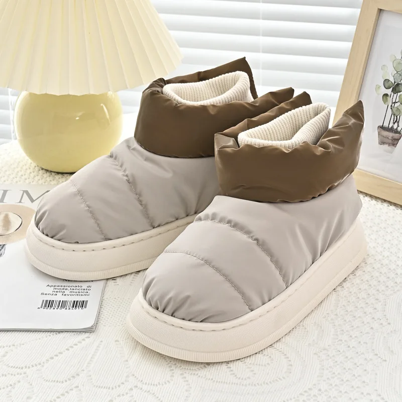 

2022 Winter Warm Indoor Slippers for Women Men Plush Thick Waterproof Non-slip Slippers Outdoor Sole High Top Lining Shoes
