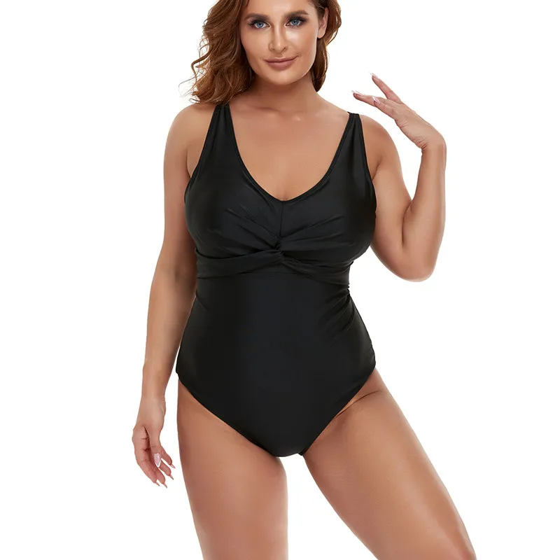

New European and American one-piece swimsuit women conservative plus size women's solid color plus fat triangle swimsuit women