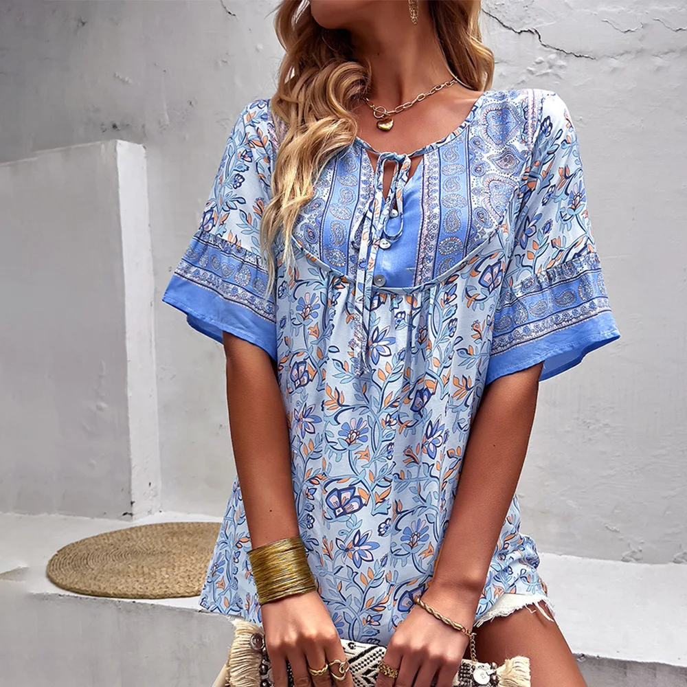 

Summer Women O-neck Bohemian Beach Print Flower Tassels Lace Up Temperament Casual Tops Women Clothing