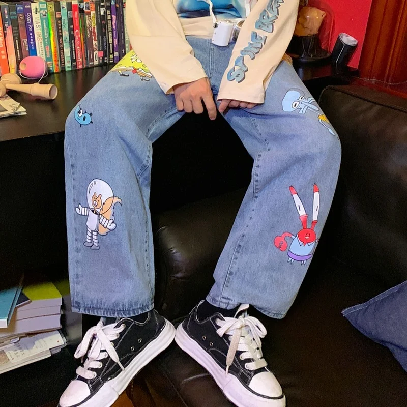 Fashion Men and Women Straight Loose Autumn Korean Style Cartoon Printed Jeans Pants Street Hip-hop Handsome Nine-point Pants