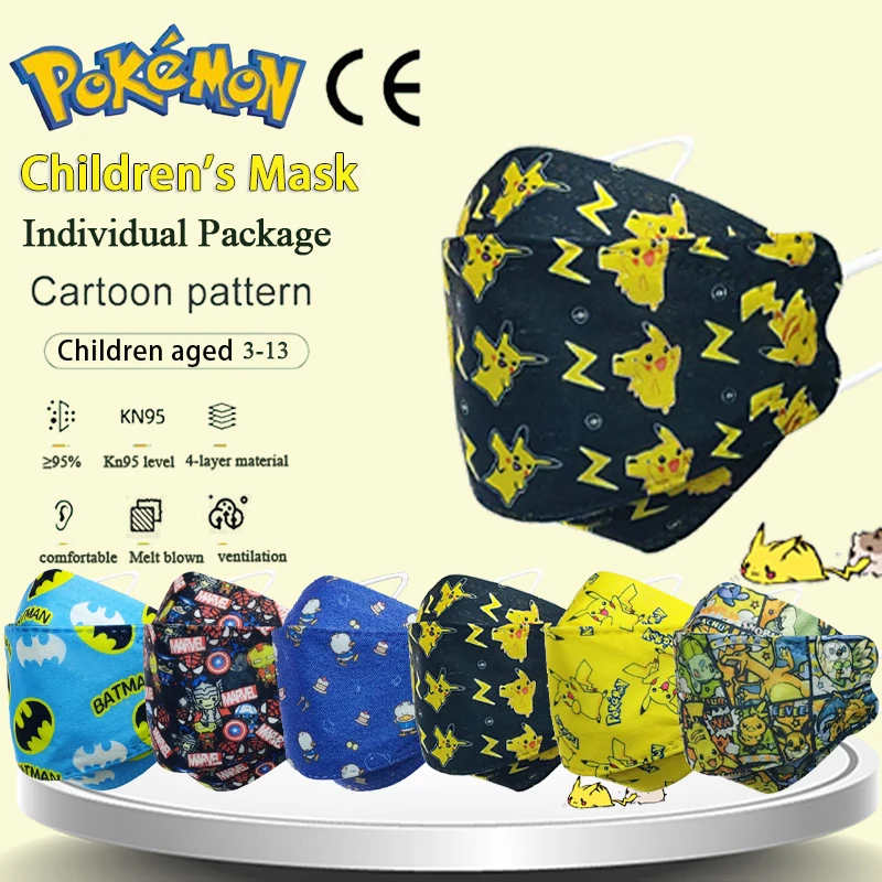 

Детские лицевые маски Pokemon Pikachu, 4ply расплавленные аниме респираторы 95%, одобренные многоразовые маски для детей 3-13, Детские маски