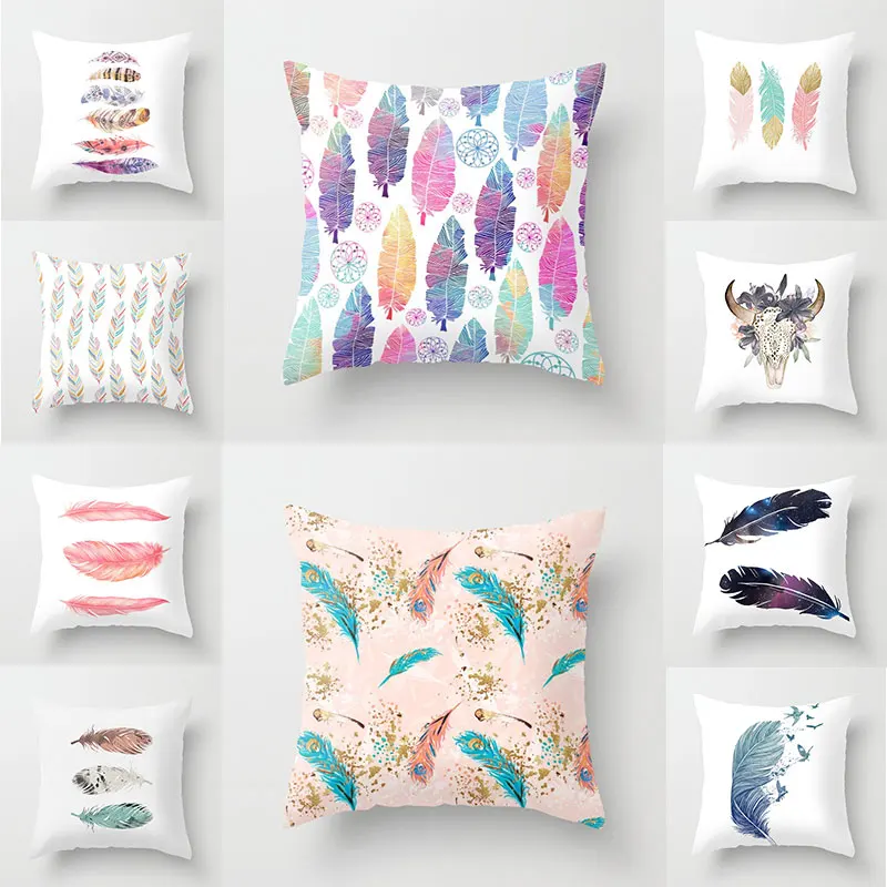 

Colorful Feather Pillow Case Sofa Throw Pillows Cover Abstract Bulls Pillowslip 45*45cm Car Decor Cushion Cover Home Supplies