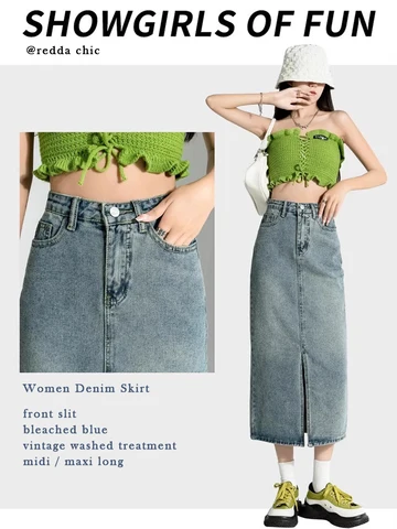 ReddaChic Big Size Women Denim Skirt with Front Slit Maxi Long Blue Summer 2023 Stylish Casual Plain Tall Girl Floor Jeans Skirt