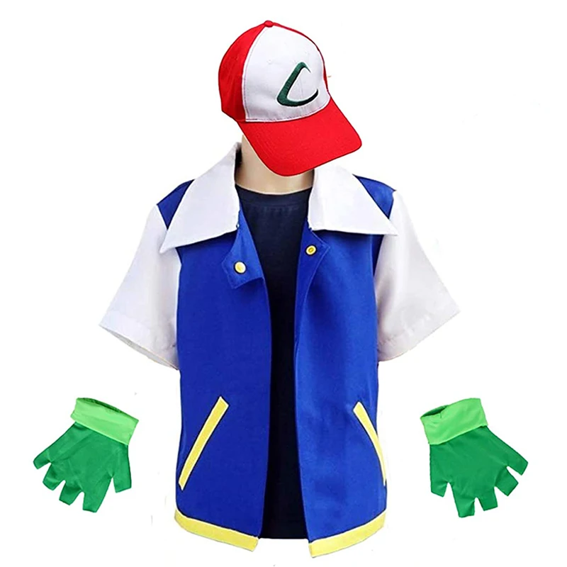 Pokemon Anime Blue Jacket Costume Boys Girls Ash Ketchum Cosplay For Halloween Party Trainer Cap and Gloves Set Gifts For Kids