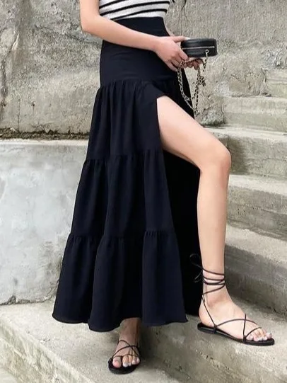 Корейская летняя версия 2024 новая ретро сексуальная длинная юбка с боковым