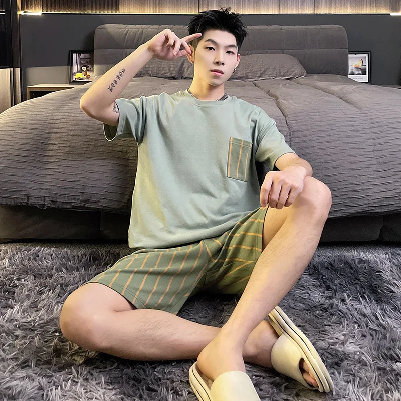 New Arrive Men Cotton Summer Sleepwear Short Sleeve Print Style Cute Cartoon Teen Home Pajama Sets