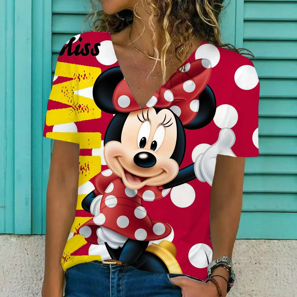 

Vintage Women's Floral Print T Shirt Summer Casual Short Sleeve V Neck Ladies Disney Minnie Mouse Top 3D Streetwear Size