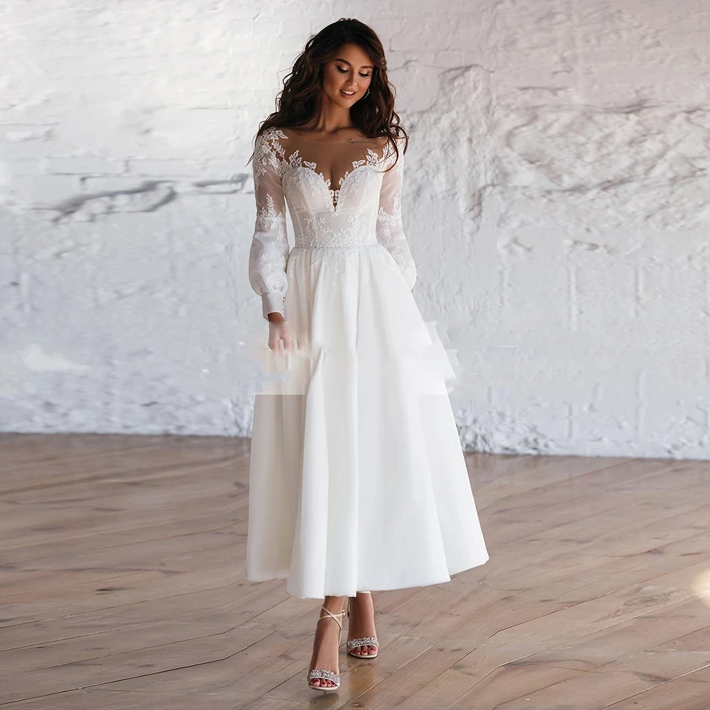 Купи Elegant Short Wedding Dresses Lace Soft White Ivory Puffy Long Sleeves Chiffon Country Beach Bridal Gowns 2023 Robe De Mariee за 4,672 рублей в магазине AliExpress