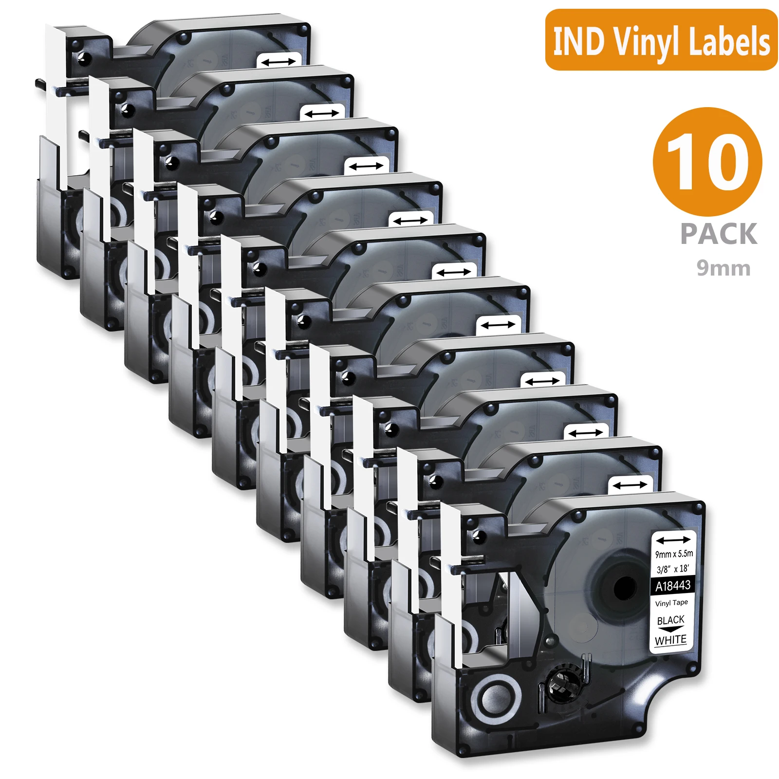 Виниловые этикетки IND A18443 9 мм 10 шт. совместимы с Dymo 18443 черные на белых этикетках