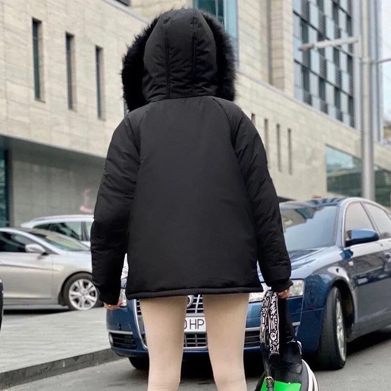 2021 Winter New Loose Hooded Fur Collar Zipper Cotton Jacket Women Street Hipster Casual Long-sleeved Warm Women's Fashion Top