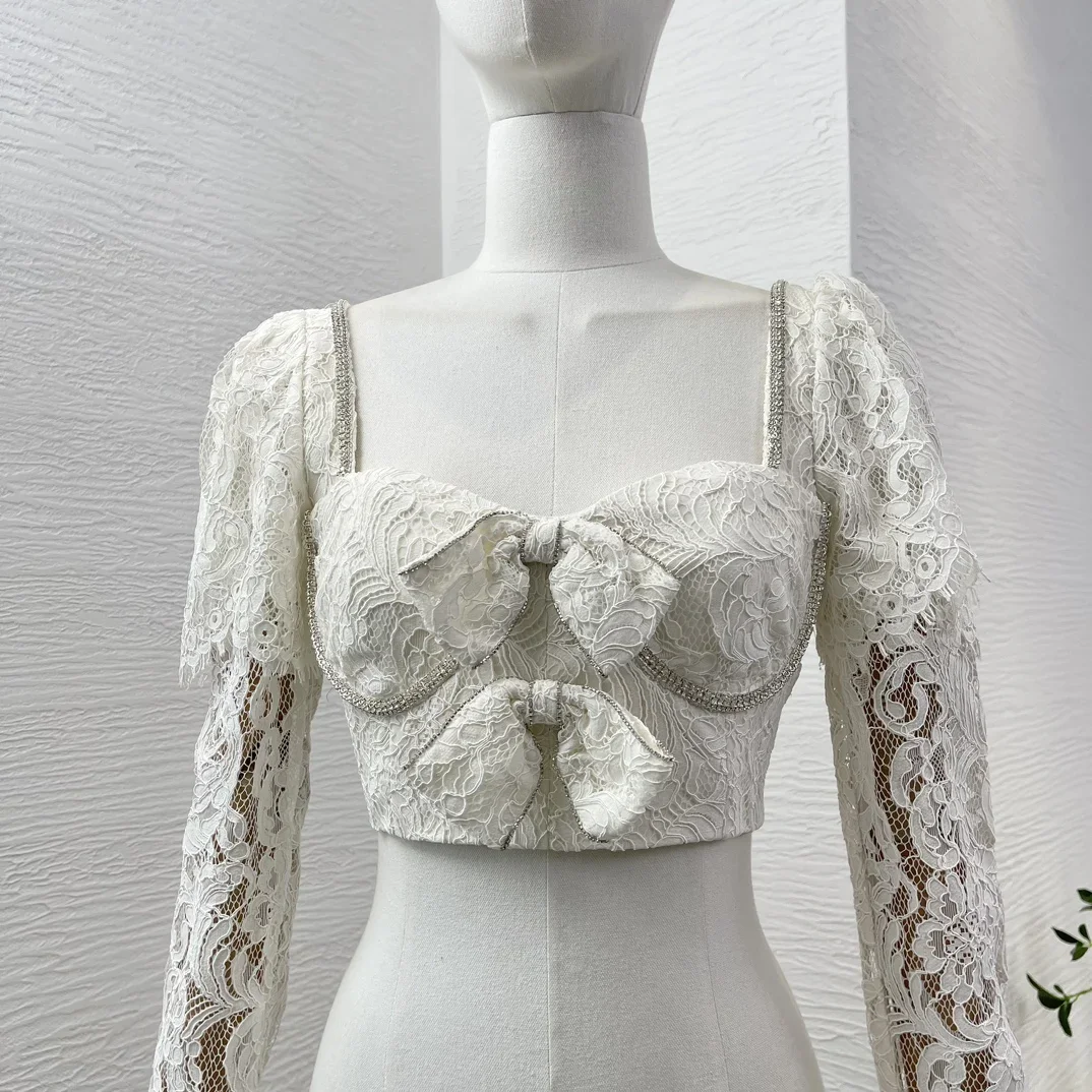 Белая кружевная Лоскутная Юбка-миди с длинным рукавом и бантом