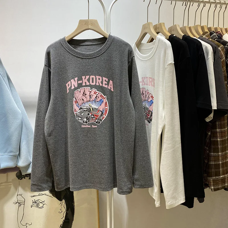 

Korean version of cartoon car letter printing round neck short-sleeved t-shirt women's loose lazy top