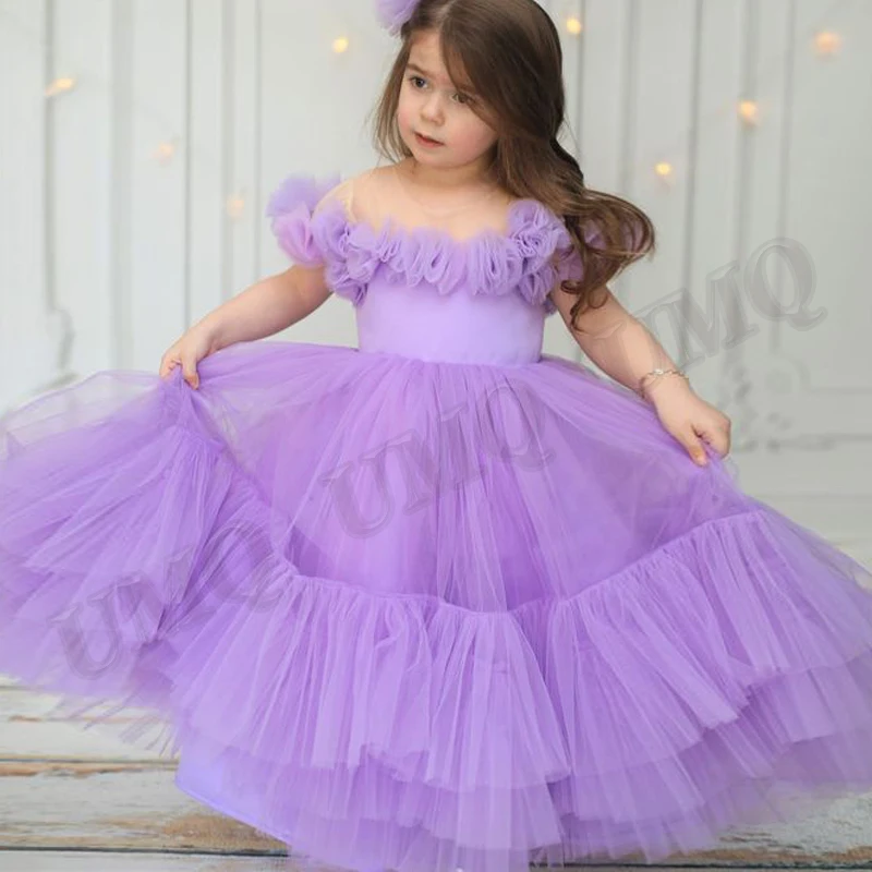 

Light Purple Tiered Baby Girl Toddler Flower Girl Dresses Bow Short Sleeves Fashion Birthday Costumes Wedding Modeling Gown