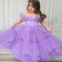 light purple tiered baby girl toddler flower girl dresses bow short sleeves fashion birthday costumes wedding modeling gown