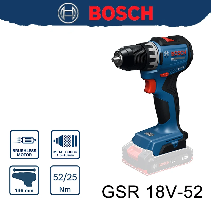 Фото Электрическая дрель Bosch GSR18V-52, 52 Нм, прочная и надежная, с металлическим патроном для высококачественного завинчивания и сверления. №1