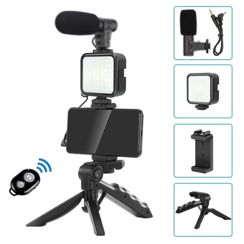 Akıllı telefon Video kiti mikrofon braketi fotoğraf aydınlatma telefon tutucu LED Selfie Tripod kayıt kolu taşınabilir sabitleyici
