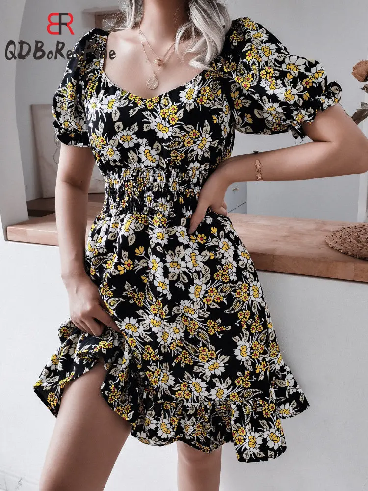 

Sexy Women's Summer Dress 2023 Chiffon Casual Beach Sundress Vintage Floral Print A-line Ruffle Party Black Mini Dress for Women