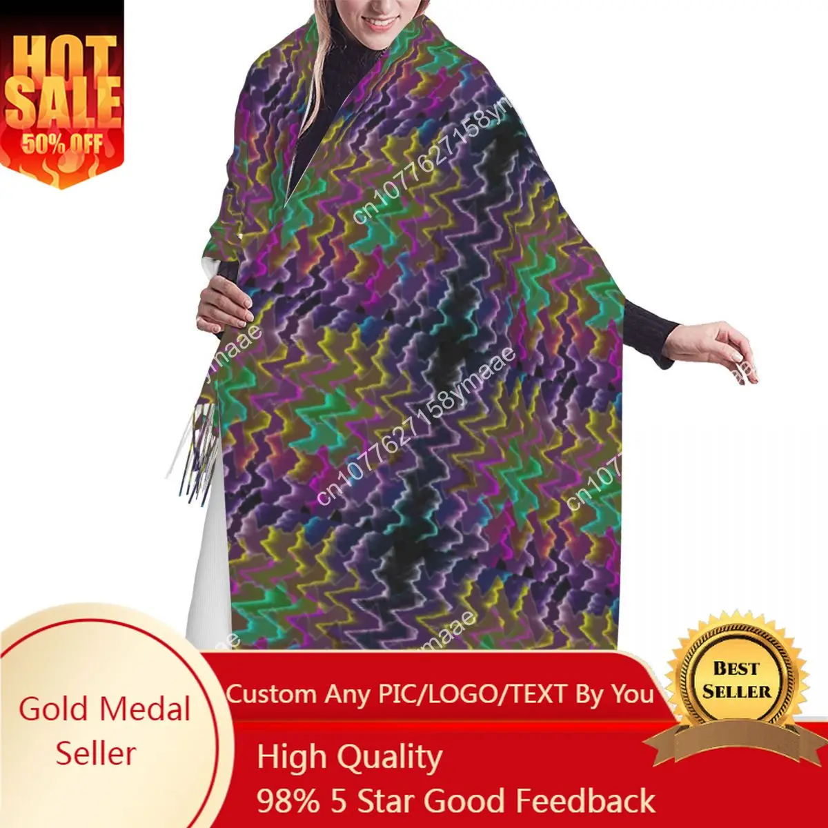 

Custom Lady Long Cool Colorful ZigZag Versatile Scarves Women Winter Thick Warm Tassel Shawl Wrap Bohemian Geometric Scarf