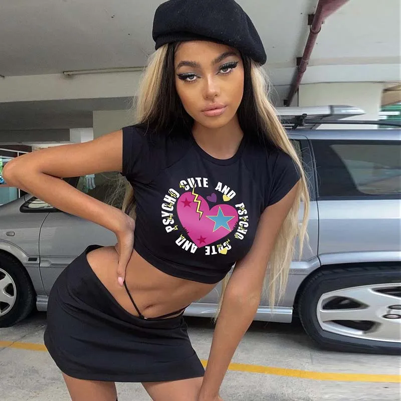 

2022 Summer New Spice Girls Print Letters Love Navel TShirt Short Sleeve Top Women's Clothing