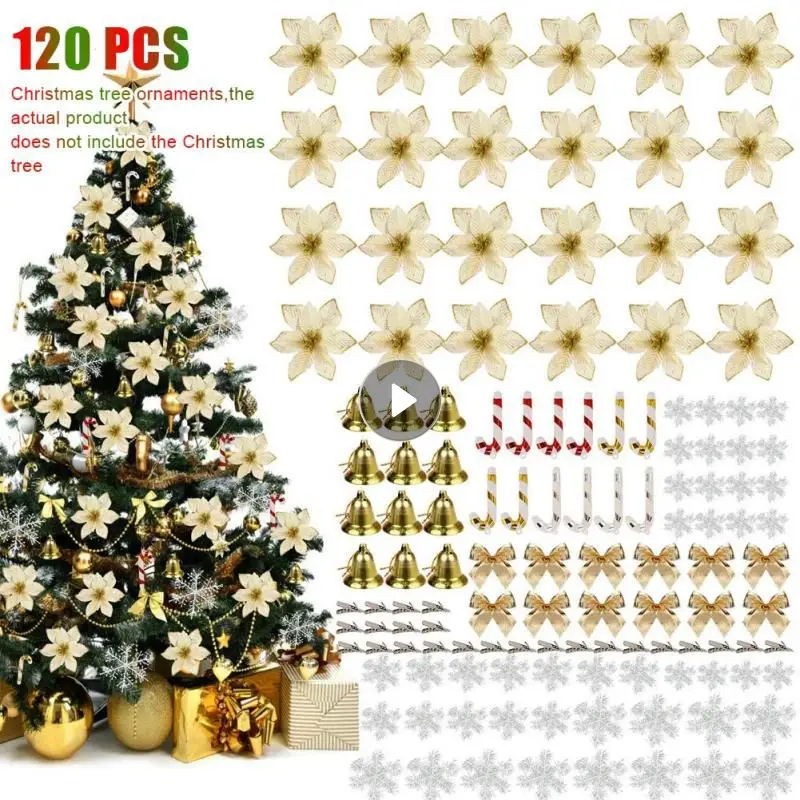 

120 Pcs/Set Christmas Tree Hanging Ornament Glitter Gold Flower Sets Pendant Snowflakes Bells Party Xmas Decoration Party Tools