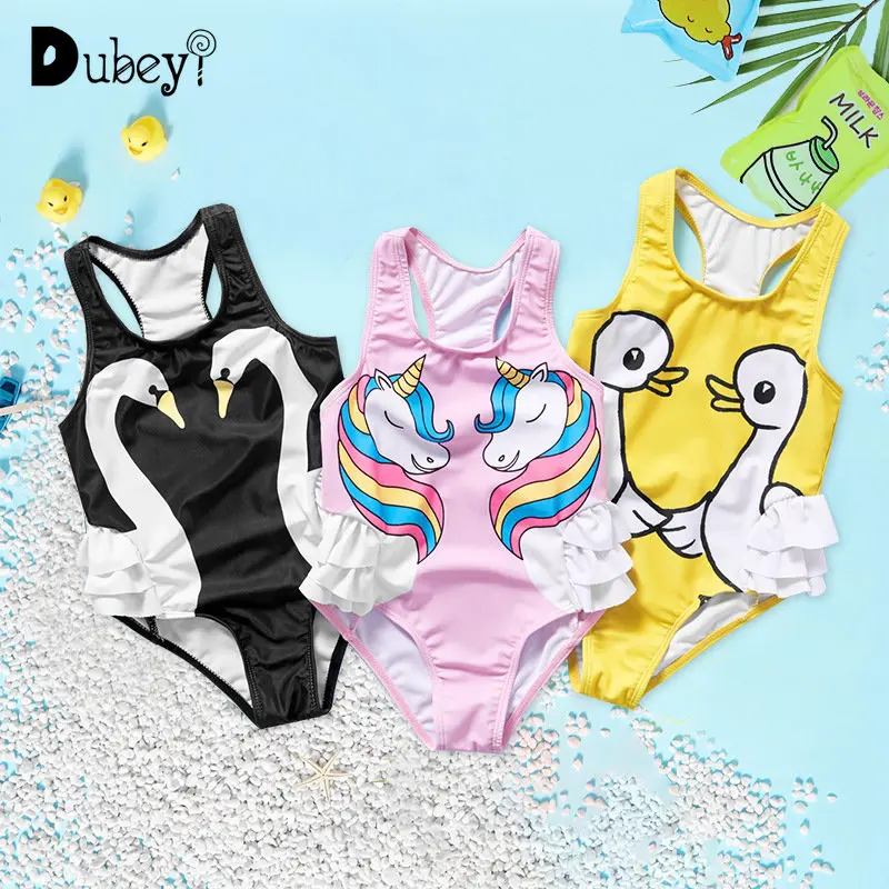 

New Swimwear for Girls Kids One-pieces Swimsuit with Ruffled Comfortable Cartoon Unicorn Swan Duck Swimsuit Sweet Cute Bikini