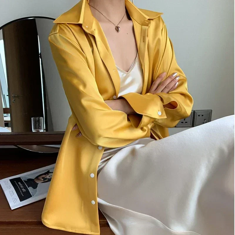 

Осенняя однотонная блузка с отложным воротником, модные женские топы, двухсторонняя атласная рубашка, Женская свободная одежда с длинным рукавом, элегантная 29768