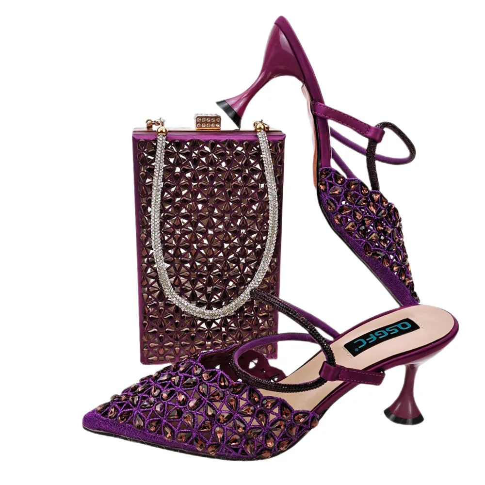 

New Purple Color Matching Italian Design Shoes And Bag African Sets Nigerian Women Matching Shoes And Bag Pretty 7.5CM Heels