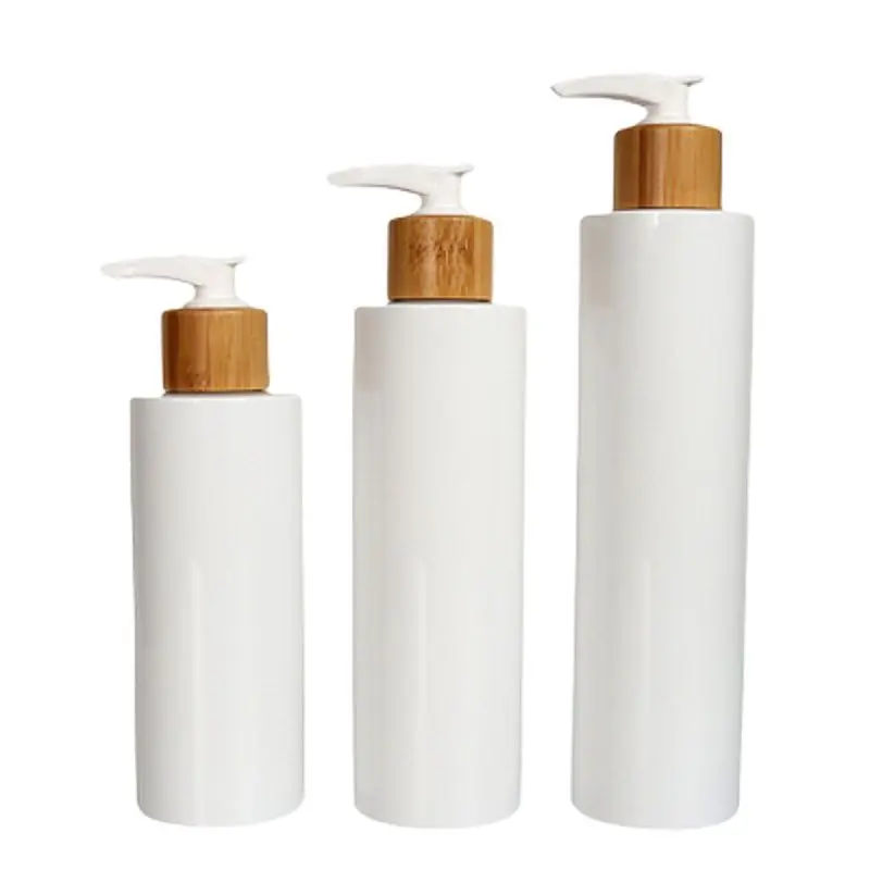 

Bamboo Wooden Lotion Pump 200ML 250ML 300ML 10oz Refillable Container Flat Shoulder Empty Plastic White Bottle For Shampoo 15Pcs