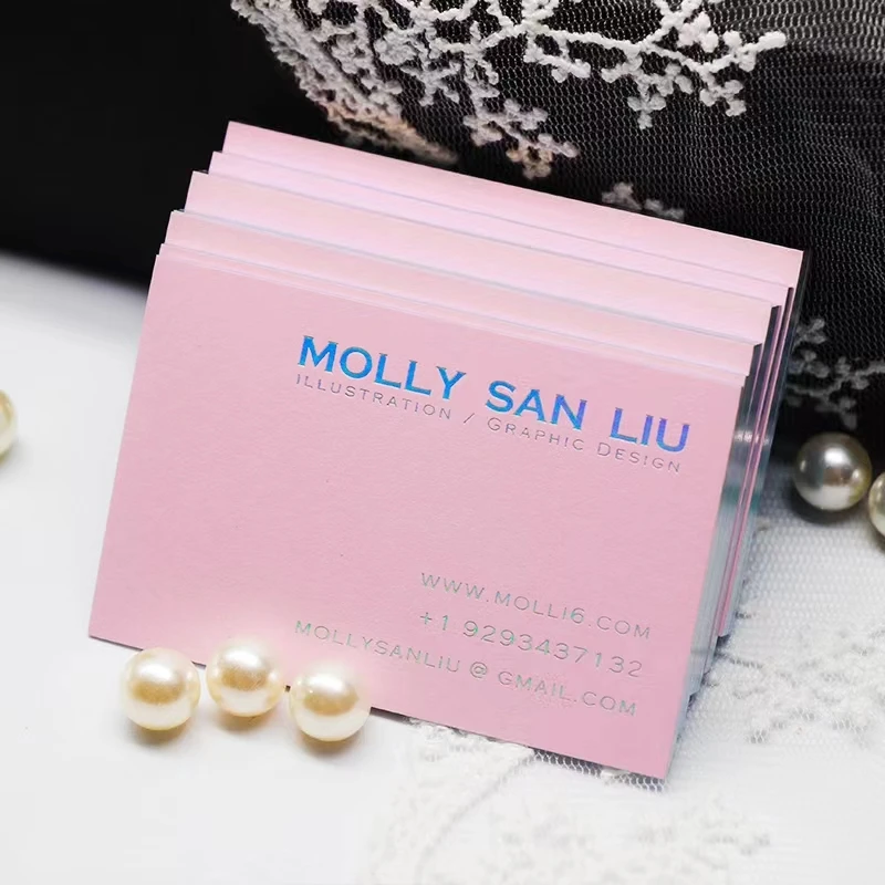 Luxury Pink Business Cards Custom Printing Holographic Foil Edge Shiny Thick Paper Cards