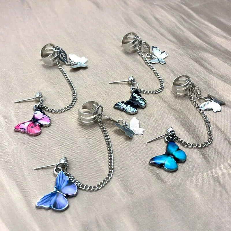 

1pcs Fashion Geometric Butterfly Clip Earring for Teens Women Ear Cuffs Cool Jewelry Retro Chain Long Hanging Earings Metal Gift