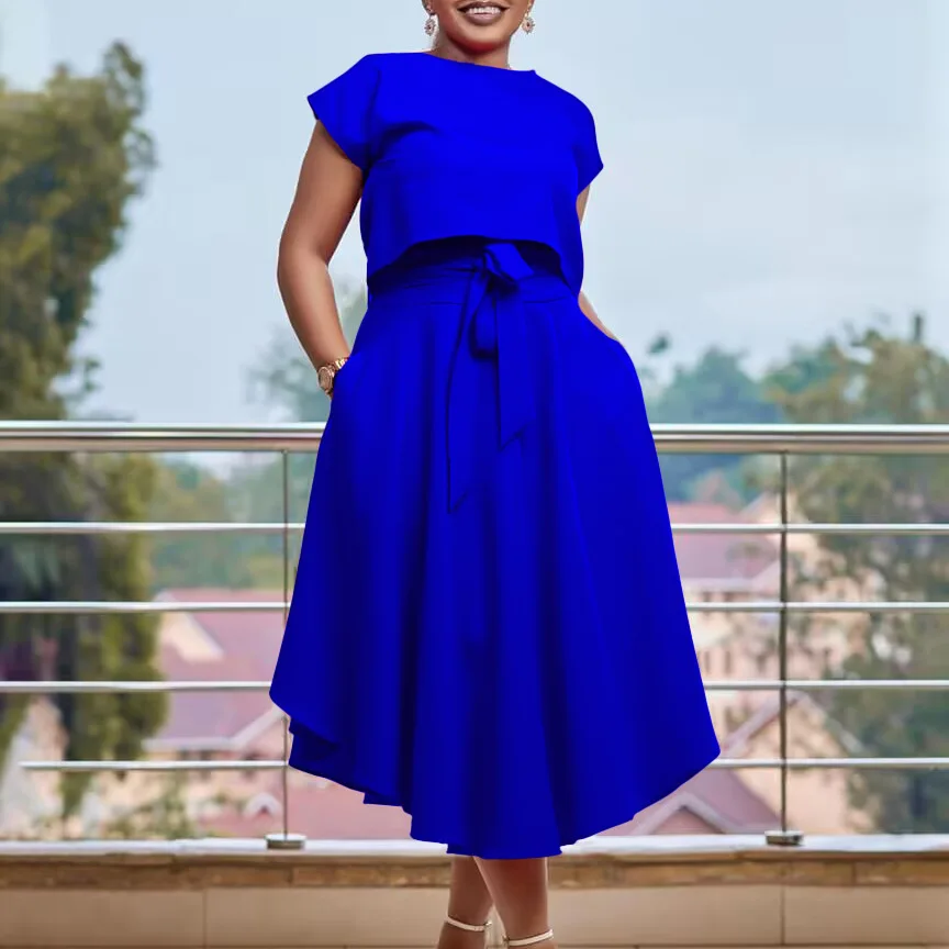 Plus Size Two Piece Dress Solid Shirt Top Loose Luxury Party Dress Korean Style Casual Outfit 2023 Summer Female Matching Sets