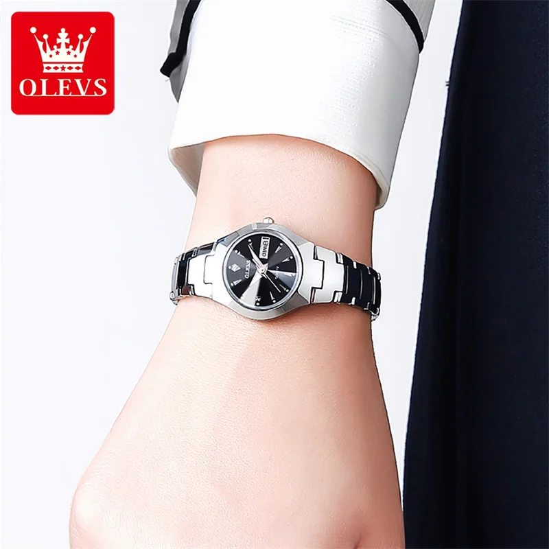 OLEVS 2023 New Fashion Tungsten Steel Silver Women Watches Luminous Hands Waterproof Quartz Watch with Week Calendar Women Watch