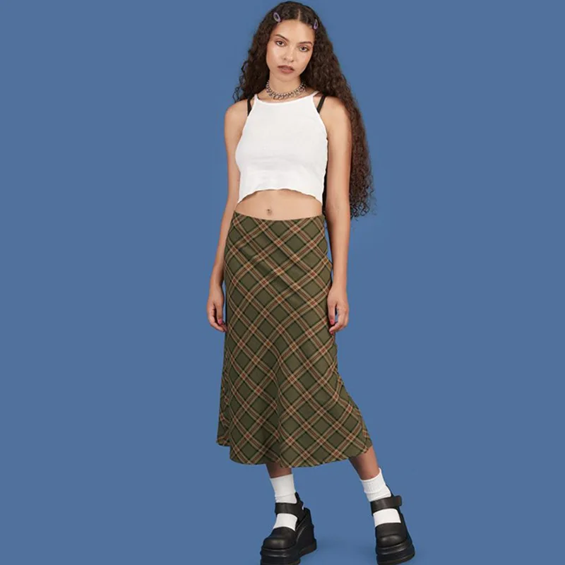 

E-girl Plaid High Waist Mermaid Skirts Women Streetwear Cotton Long Skirts Chic Vintage Style Ladies Bottoms Summer