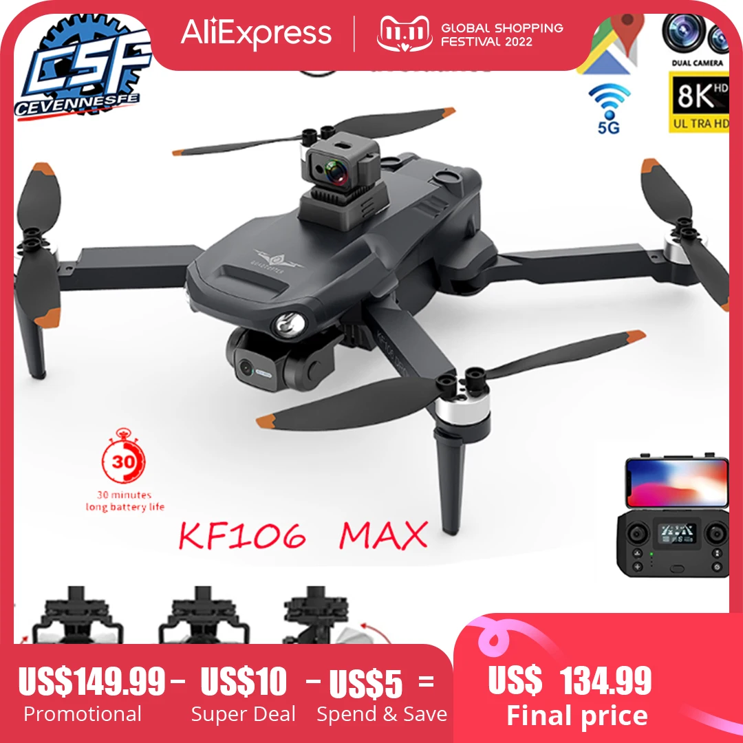 

2022 NEW KF106 Max Drone 8K Professional 5G WIFI Dron HD Camera Anti-Shake 3-Axis Gimbal Brushless Motor RC Foldable Quadcopter