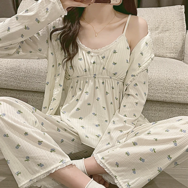 Pajama Three Piece Set Print Camisole Cardigan with Chest Pad Trousers Homewear Women's Spring Summer Mori Girl Style
