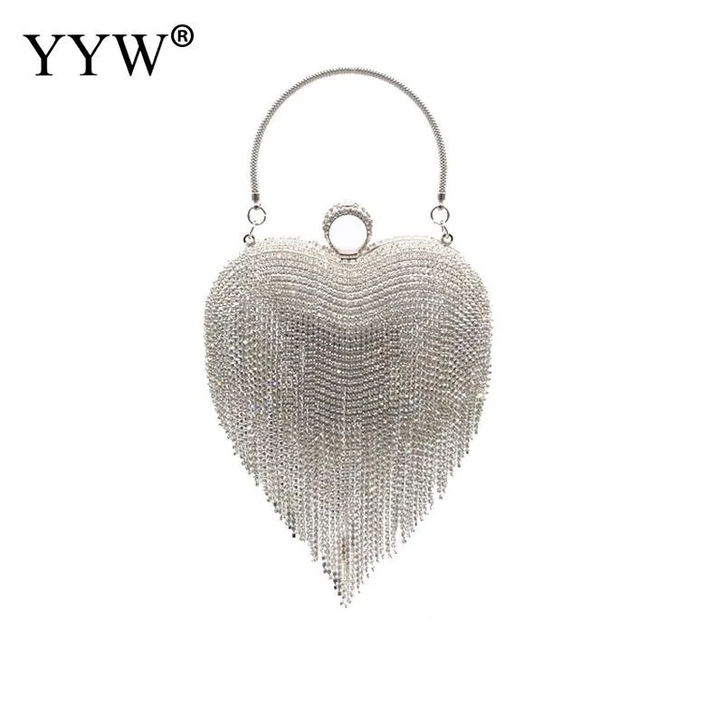 

silver Heart Tassel Clutch Bag For Women 2023 luxury rainstone Evening Party Wedding Handbag Purse Metal Tote bridal Clutch