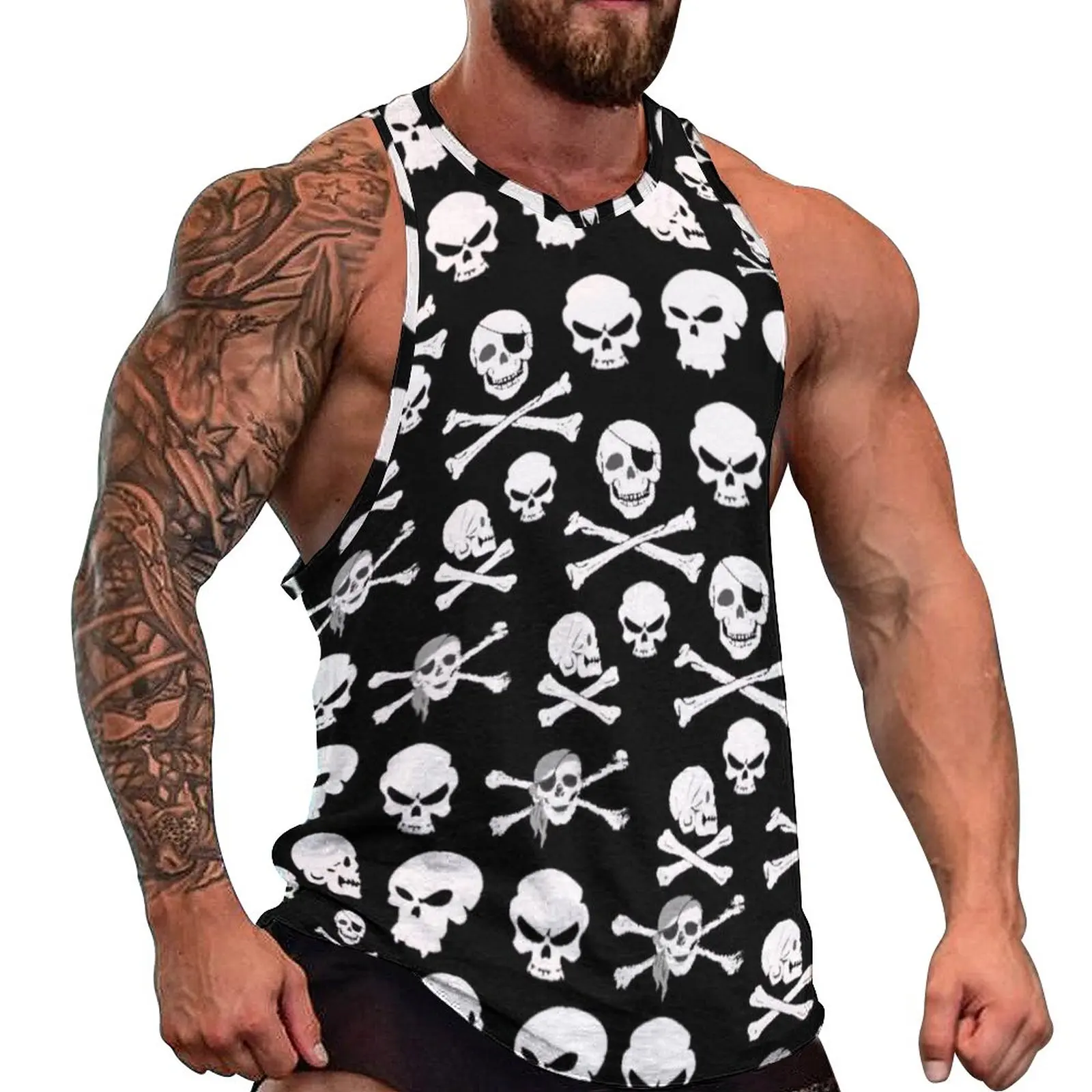 

White Skull Tank Top Man's Pirate Cross Bones Skulls Bodybuilding Oversized Tops Summer Trendy Graphic Sleeveless Vests