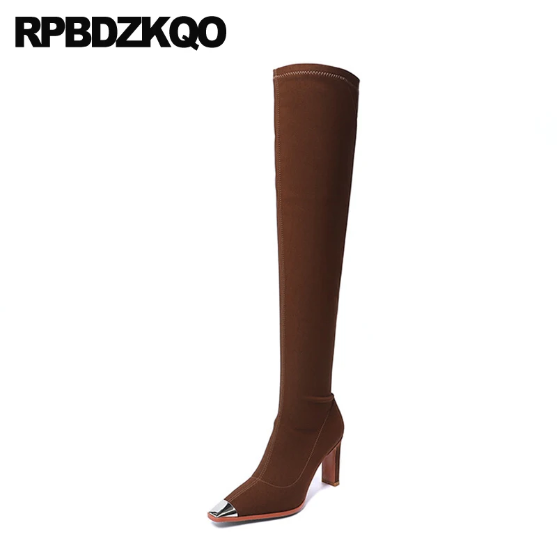 

Long Trending Boots Fall Stretch Tall Lycra Over The Knee Zip Up Thigh High Square Toe Y2K Slim Metal Shoes Heel Women Thick Mid