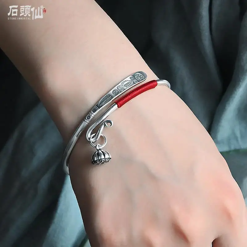 

Bracelet Female Ethnic Wind Around The Rope Every Year with Fish Pendant Antique Retro Opening Adjustable Bracelet