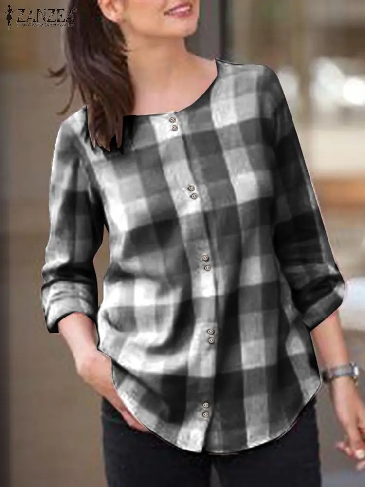

Блузка ZANZEA Женская с длинным рукавом, Повседневная Туника, свободная рубашка в клетку, в винтажном стиле, рабочая одежда, на весну