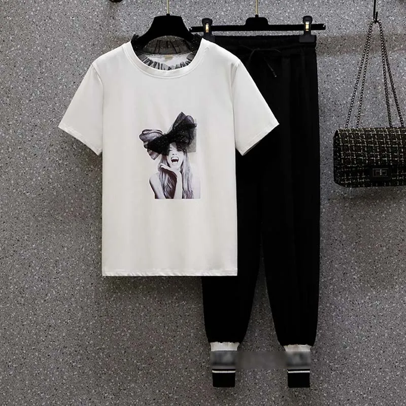 Спортивный костюм женский из двух предметов Повседневная футболка с широкими