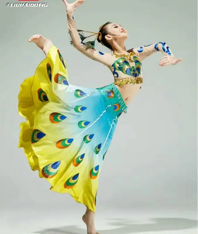 

New Women Dai Dance Costumes Minority Stage Tail Peacock Dress Classical Ethnic