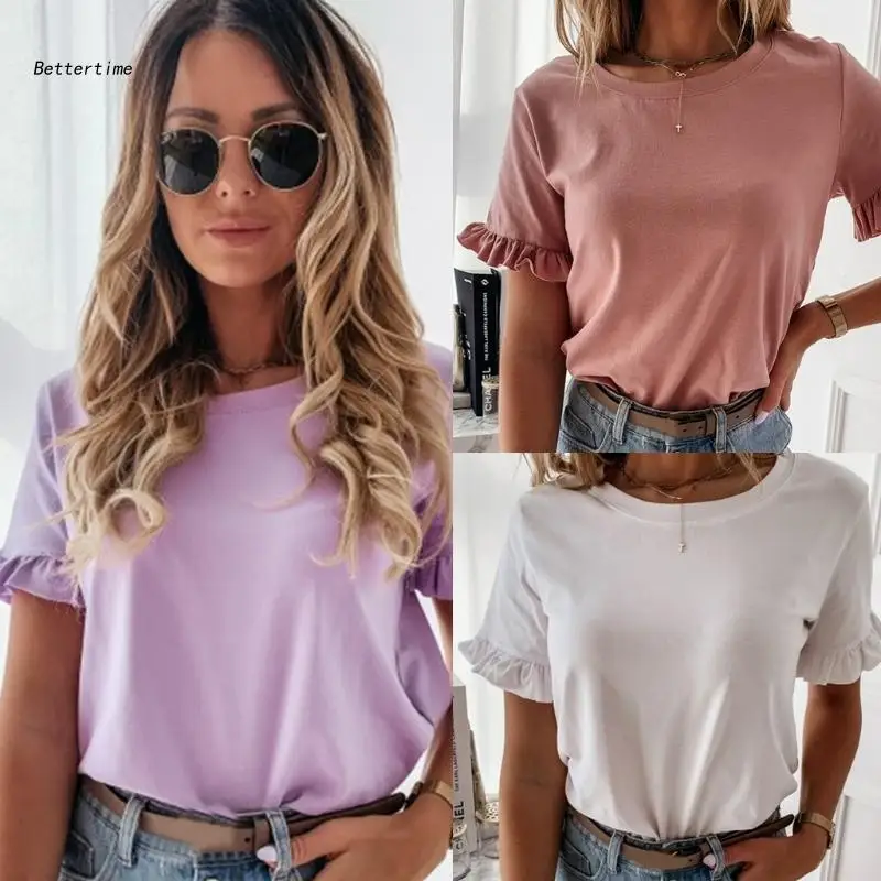 

B36D Crewneck-Tee Casual Ruffle Plain Round Neck Summer Tops for Teen Short Sleeve